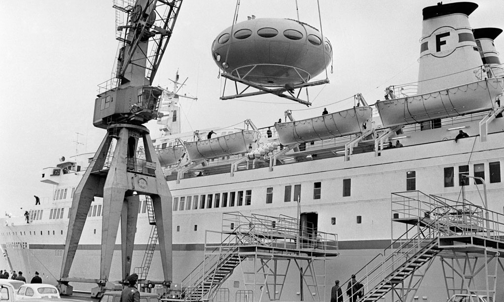 Futuro Being Loaded Onto Finnpartner Ferry - Helsinki - 1968 - Courtesy MTV.FI